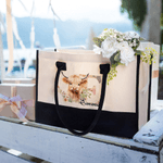 Personalised Flower Highland Cow Large Canvas Tote Bag with Name and Ribbon Travel Essentials Birthday Mother's Day Gift for Mon Grandma Women