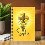 Personalized Cross Birth Flower A5 Journal Notebook with 120 Lined Pages and Name Back to School Birthday Gift for Christian Student
