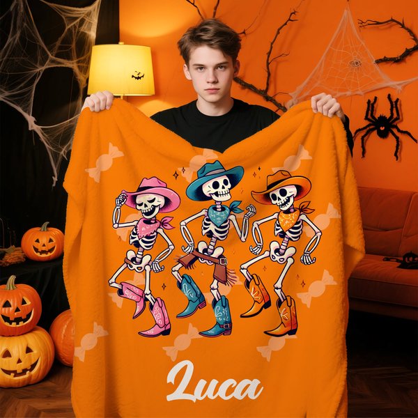 Coperta morbida personalizzata con nome e motivo gotico di fantasma scheletro o zucca regalo per Halloween per bambini amici o famiglia