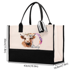 Personalised Flower Highland Cow Large Canvas Tote Bag with Name and Ribbon Travel Essentials Birthday Mother's Day Gift for Mon Grandma Women