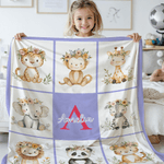 Spersonalizowany wianek z kwiatów Leopard Monkey Cute Animal Miękki koc z inicjałami i imieniem Prezent urodzinowy dla chłopców i dziewczynek