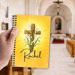 Personalized Cross Birth Flower A5 Journal Notebook with 120 Lined Pages and Name Back to School Birthday Gift for Christian Student