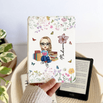 Personalised Cartoon Charatcer Birth Flower Kindle Case with Name for Multiple Models Daily Use Birthday Gift for Book Lover Bookworm