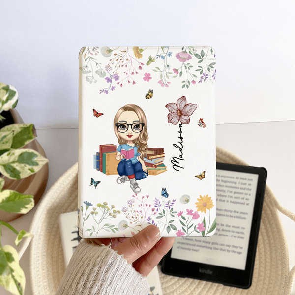 Personalized Cartoon Charatcer Birth Flower Kindle Case with Name for Multiple Models Daily Use Birthday Gift for Book Lover Bookworm