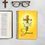 Personalized Cross Birth Flower A5 Journal Notebook with 120 Lined Pages and Name Back to School Birthday Gift for Christian Student