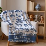 Personalized Toile De Jouy Zebra Giraffe Wild Animals Soft Throw Blanket with Name Home Decor Birthday Christmas Gift for Kid Family