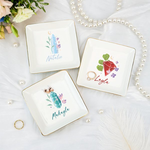 Personalized Birthstone Ceramic Square Trinket Jewellery Dish with Name Birthday Wedding Engagement Gift for Girls Women