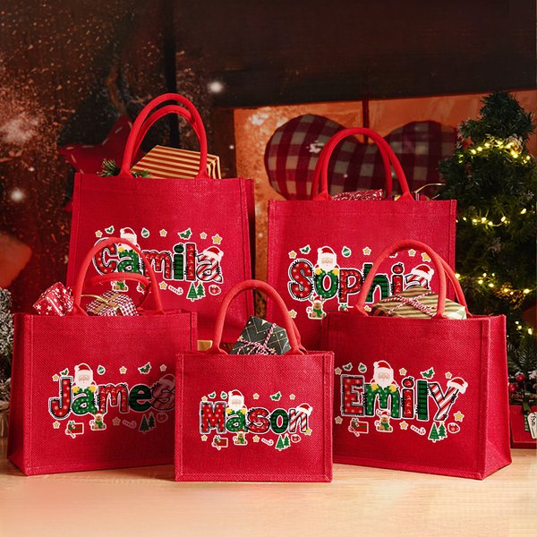 Personalised Santa Claus Christmas Theme Alphabet Large Red Jute Tote Bag with Name Christmas Festival Party Gift for Kids Family Friends