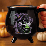 Personalized Magic Pot and Witch Hat  Glitter Initial Black Cauldron Ceramic Coffee Mug with Name Trick or Treat Halloween Party Gift for Women Kids
