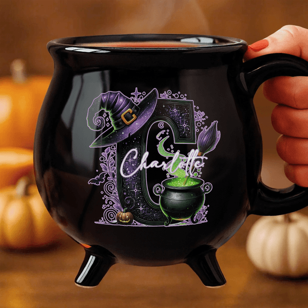 Personalised Magic Pot and Witch Hat  Glitter Initial Black Cauldron Ceramic Coffee Mug with Name Trick or Treat Halloween Party Gift for Women Kids