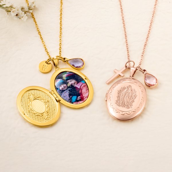Collar personalizado con relicario para foto y piedra de nacimiento con colgante de cruz o inicial regalo cristiano de cumpleaños para mujer