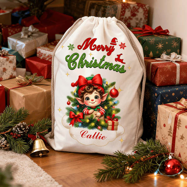 Personalised Merry Christmas Cute Cartoon Elf Canvas Drawstring Gift Bag with Name Christmas Party Favors for Kids Family