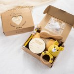 Personalised Cute Crochet Animal Baby Rattle Dummy Clip Swaddle Comb Set with Engraved Name and Gift Box Baby Shower Birthday Gift for Newborn
