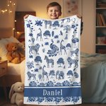 Personalized Toile De Jouy Zebra Giraffe Wild Animals Soft Throw Blanket with Name Home Decor Birthday Christmas Gift for Kid Family