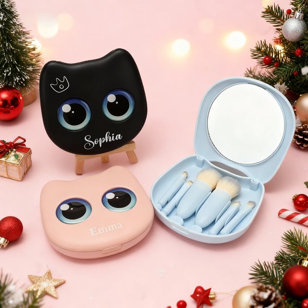 Personalized Cute Big Eyed Cat Name 6 Pcs Makeup Brushes Set with Box and Mirror Wedding Bachelorette Party Travel Birthday Gift for Women Pet Lovers