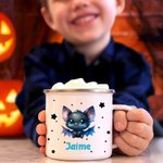 Taza personalizada de esmalte con nombre estrella y murciélago de dibujos animados de 355 ml con borde multicolor regalo de Halloween para niños