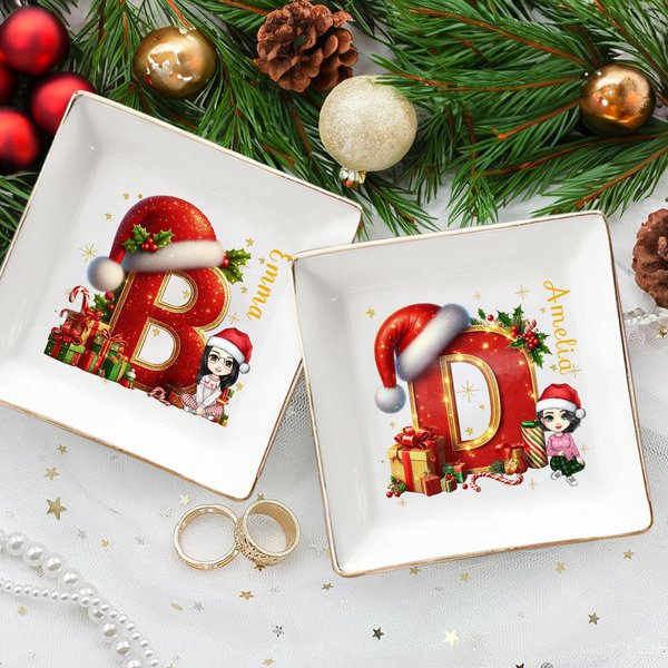 Gepersonaliseerde kerstmuts initiaal cartoon karakter keramische sieraden schotel met naam verjaardag kerstcadeau voor vrouwen