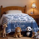 Personalized Toile De Jouy Zebra Giraffe Wild Animals Soft Throw Blanket with Name Home Decor Birthday Christmas Gift for Kid Family