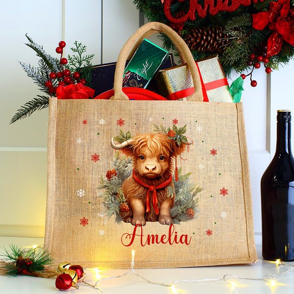 Personalisierte Weihnachtsmannmütze Hochlandring Schneeflocke Jutetasche Tote Bag mit Namen Weihnachtsgeschenk für Familie Kinder