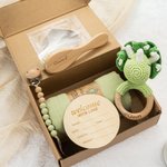 Personalised Cute Crochet Animal Baby Rattle Dummy Clip Swaddle Comb Set with Engraved Name and Gift Box Baby Shower Birthday Gift for Newborn