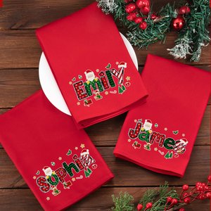 Gepersonaliseerde Kerstman Alfabet van Kerst-elementen 100% Katoenen Servet met Naam Feestelijke Tafeldecoratie Kerstcadeau voor Familie en Vrienden