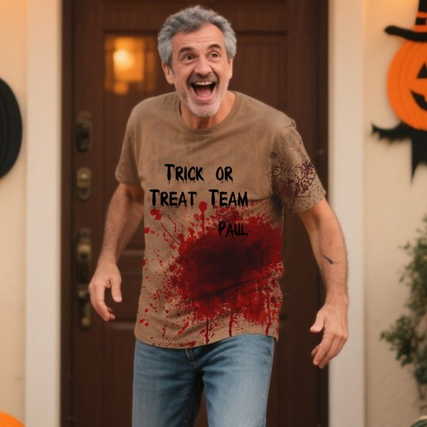 Personalised Horror Bloody Printed Soft Funny Men's T-shirt with Name and Text Trick or Treat Spooky Season Halloween Gift for Men