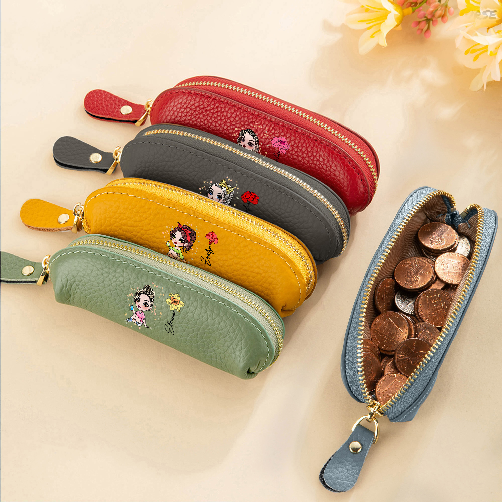 Personalized Fashion Girl Mini PU Leather Coin Purse with Name and Birth Flower, Travel Accessories, Birthday/Christmas Gift for Women/Girls