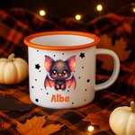 Taza personalizada de esmalte con nombre estrella y murciélago de dibujos animados de 355 ml con borde multicolor regalo de Halloween para niños