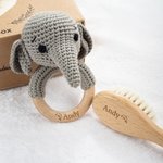 Personalised Cute Crochet Animal Baby Rattle Dummy Clip Swaddle Comb Set with Engraved Name and Gift Box Baby Shower Birthday Gift for Newborn