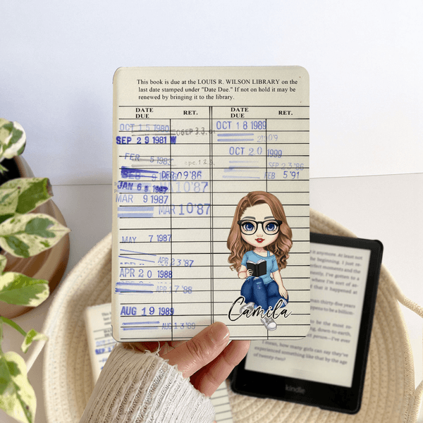 Personalized Cartoon Character Retro Library Card Portable Kindle Case with Name and Hand Strap Christmas Birthday Gift for Book Lovers Bookworms