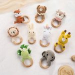 Personalised Cute Crochet Animal Baby Rattle Dummy Clip Swaddle Comb Set with Engraved Name and Gift Box Baby Shower Birthday Gift for Newborn