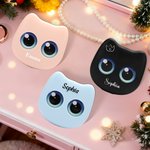 Personalized Cute Big Eyed Cat Name 6 Pcs Makeup Brushes Set with Box and Mirror Wedding Bachelorette Party Travel Birthday Gift for Women Pet Lovers