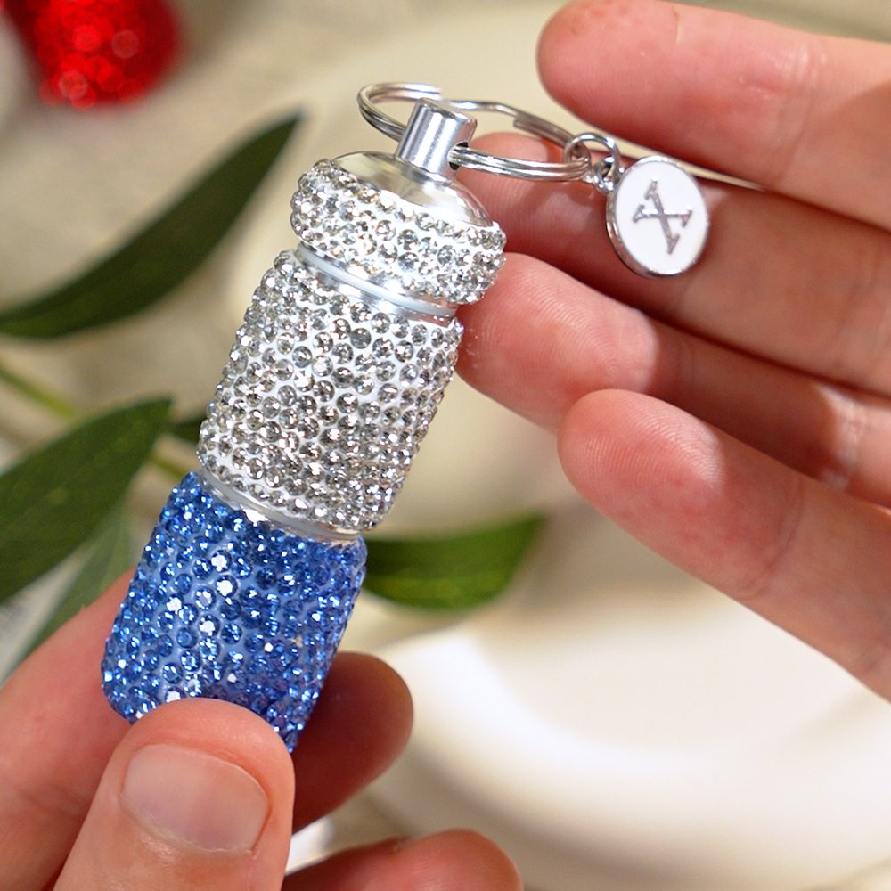 Personalized Glitter Rhinestone Capsule Portable Double Layer Pill Storage Keychain with Initial Travel Use Birthday Gift for Women Medication Users 5