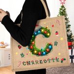 Personalized Christmas Lights Santa Hat Large Capacity Jute Tote Bag with Initial and Name Christmas Party Gift for Kids Adults