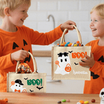 Personalized Boo Cartoon Boy Girl Ghost Large Portable Jute Tote Bag with Name Halloween Festival Gift for Kids