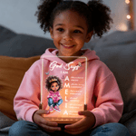 Personalisierte Cartoon schwarzes Mädchen Bibel Vers Name Acryl LED Nachtlicht mit hölzernen Basis Zimmer Dekor Baby Dusche Geburtstag Geschenk für Mädchen