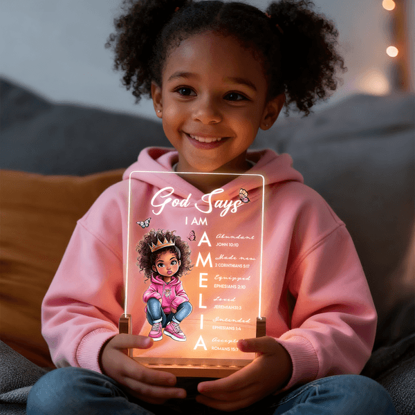 Personalized Cartoon Black Girl Bible Verse Name Acrylic LED Night Light with Wooden Base Room Decor Baby Shower Birthday Gift for Girl