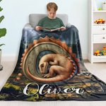 Personalized 3D Dinosaur Multicolor Soft Throw Blanket with Initial and Name Home Decor Christmas Gift for Kids