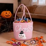 Personalized Pumpkin Ghost Face Photo Halloween Theme Cotton Rope Basket with Name Trick or Treat Halloween Gift for Girl Boy Children