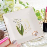 Personalized Golden Edge Birth Flower Ceramic Trinket Jewellery Dish with Name Birthday Wedding Engagement Gift for Women