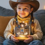 Personalized Cartoon Cowgirl Acrylic LED Night Light with Wooden Base and Name Room Decor Birthday Christmas Gift for Kids Cowgirl Lovers
