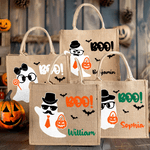 Personalisierte Boo Cartoon Junge Mädchen Geist große tragbare Jute Tragetasche mit Namen Halloween Festival Geschenk für Kinder