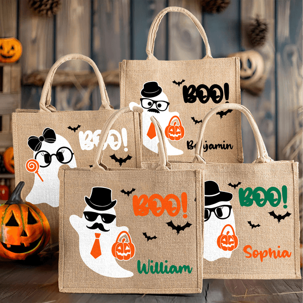 Personalized Boo Cartoon Boy Girl Ghost Large Portable Jute Tote Bag with Name Halloween Festival Gift for Kids