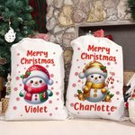 Personalised Merry Christmas Cute Snowman Drawstring Canvas Gift Bag with Name Christmas Party Gift for Kids Family