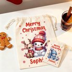 Personalised Merry Christmas Cute Snowman Drawstring Canvas Gift Bag with Name Christmas Party Gift for Kids Family