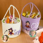 Personalized Pumpkin Ghost Face Photo Halloween Theme Cotton Rope Basket with Name Trick or Treat Halloween Gift for Girl Boy Children