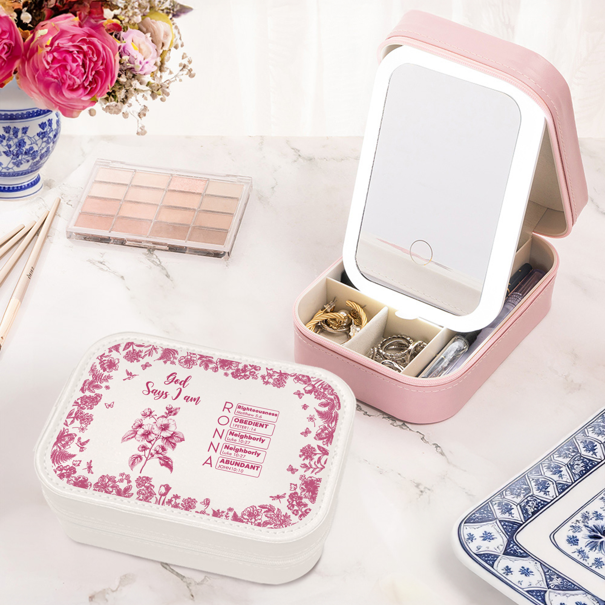 Custom Name Birth Flower Toile De Jouy Bible Verses Makeup Box with Three-Color LED Light Mirror, Travel Makeup Jewelry Box, Gift for Christian Women