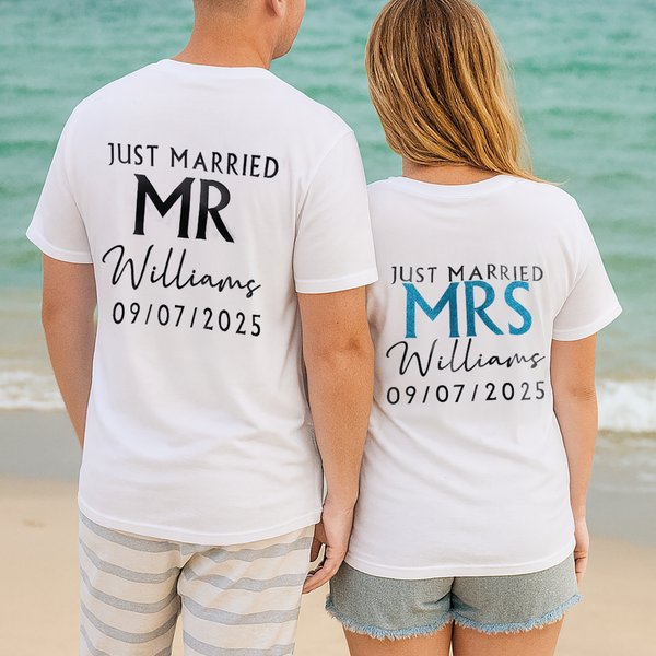 Personalised Just Married Mrs Mr Multicolor 100% Cotton T-shirt with Name Wedding Bridal Shower Honeymoon Gift for Bride Groom Couple
