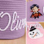 Personalized Pumpkin Ghost Face Photo Halloween Theme Cotton Rope Basket with Name Trick or Treat Halloween Gift for Girl Boy Children