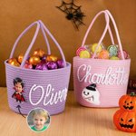 Personalized Pumpkin Ghost Face Photo Halloween Theme Cotton Rope Basket with Name Trick or Treat Halloween Gift for Girl Boy Children